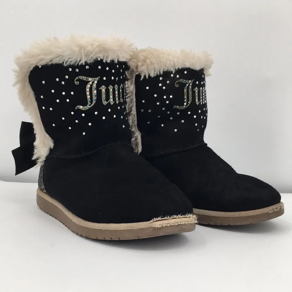 Juicy Couture Burbank Black Faux-Fur Trim Crystal-Embellished Winter Boots